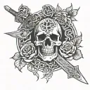 Celtic knot with sword piercing with skulls and roses  tattoo design idea