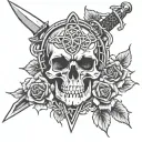 Celtic knot with sword piercing with skulls and roses  tattoo design idea