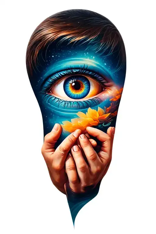 Realistic eye with boy holding girls hand tattoo design idea