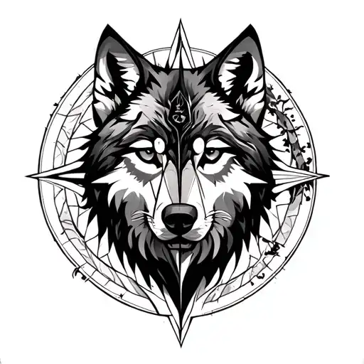 Wolf , tree and compass geometric design  tattoo design idea