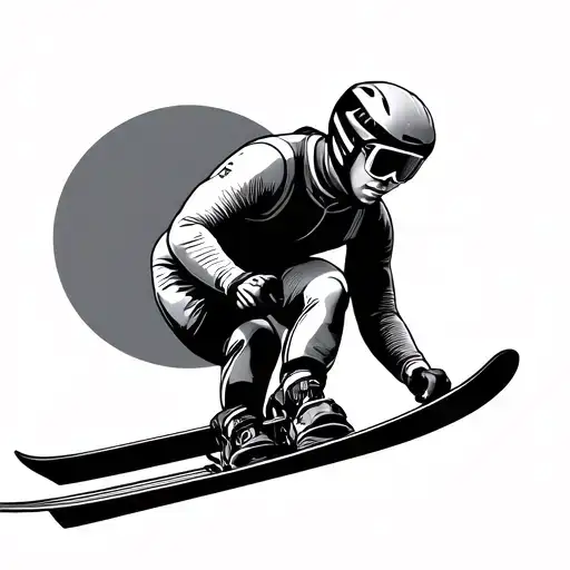 Create me minimalistic tatoo, where man in ski jumping gear cycling and holds the ski in one hand tattoo design idea