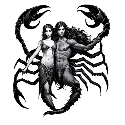 virgo maiden intertwined with scorpio man standind tattoo design idea