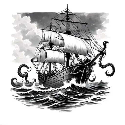 kraken and old ship sailing through stormy seas tattoo design idea
