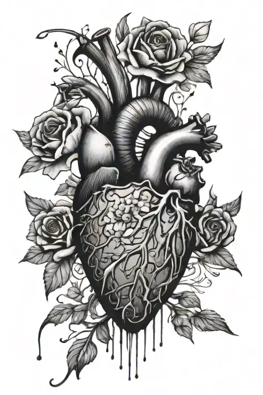 heart organ and knives breaking it bleeding and flowers around  tattoo design idea