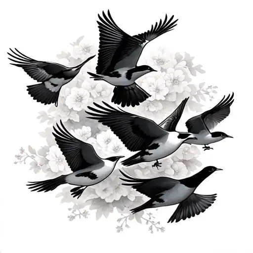 6 birds flying in a flock together over old Japan  tattoo design idea
