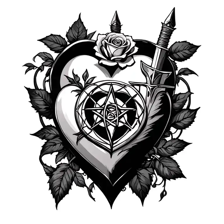 pentacle, rose, dagger,heart tattoo design idea