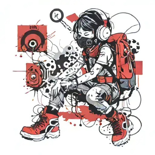 full body little asian girl spray painting on wall  wearing head phones, respiratory mask and back pack tattoo design idea