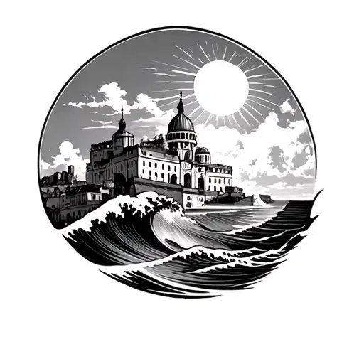 Sun and Wave with Notre Dame de la Garde de Marseille Behind tattoo design idea