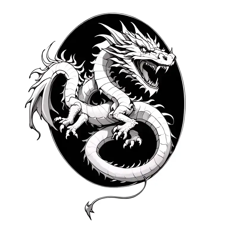 a gnostic style ourobouros dragon forming a circle while eating it's own tail, oval circle, dragon facing viewer  tattoo design idea