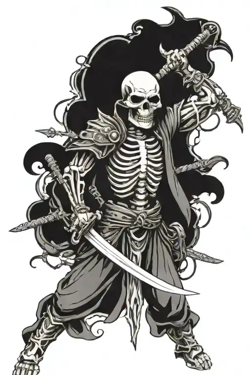 skeleton wearing bottom half samurai mask wielding a sword made from human vertebrae tattoo design idea