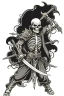 skeleton wearing bottom half samurai mask wielding a sword made from human vertebrae tattoo design idea