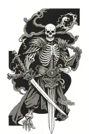 skeleton wearing bottom half samurai mask wielding a sword made from human vertebrae tattoo design idea