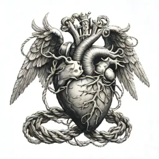 a realistic tattoo of an anatomical heart being pulled by angels with a rope from above and by Lucifer from below with a tattoo design idea