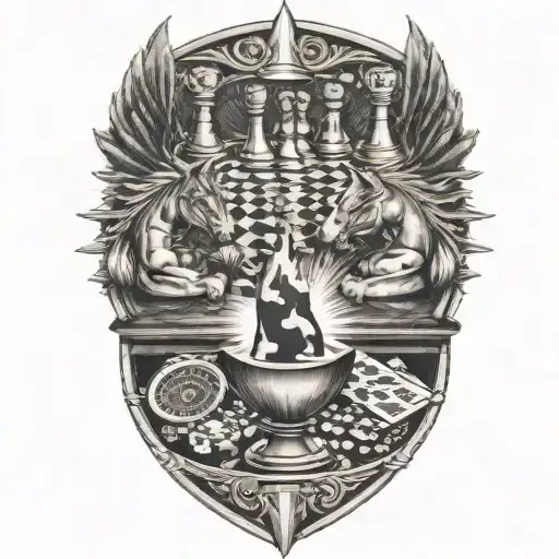 4 chess pieces sitting at a poker table in a dive bar tattoo design idea