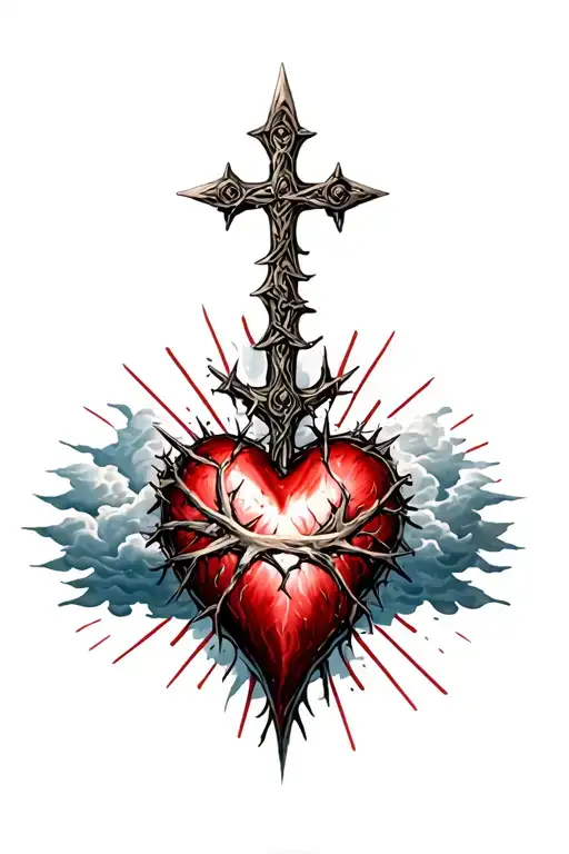 heart shape, clouds, rays, floral patterns, Norse cross, crown of thorns tattoo design idea