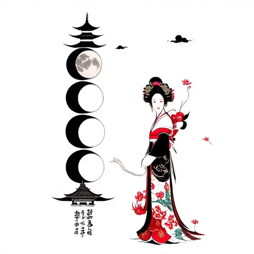 geisha with temple at the background and moon phases tattoo design idea