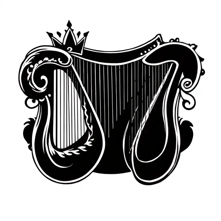 harp with crown hanging tattoo design idea