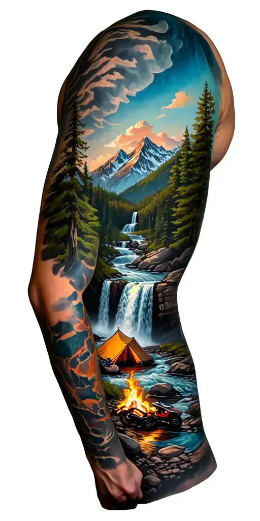 Full sleeve depicting mountains; waterfall; river; forest; camping scene with a dome tent, fire, and a Suzuki DRZs.  tattoo design idea
