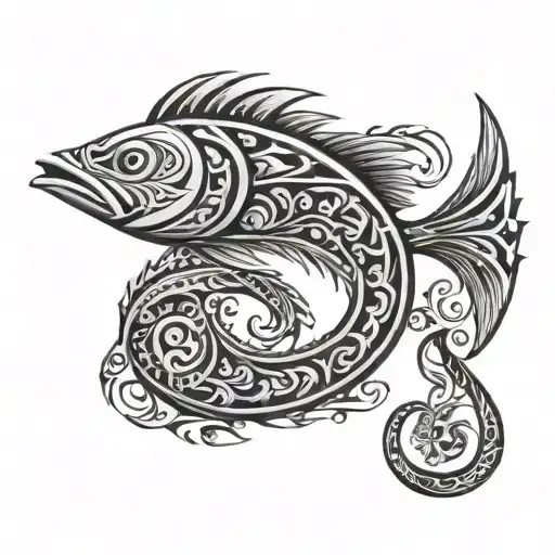 polynesian fish hook with tribal patters tattoo design idea