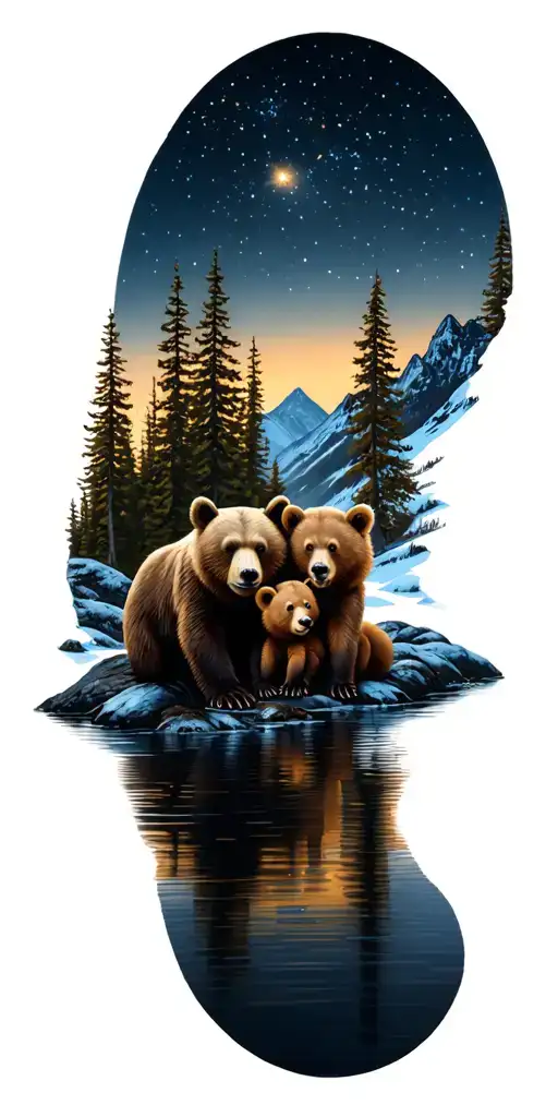 mountains with river flowing through. small bear protecting two baby cubs. clear night sky with stars. trees by water tattoo design idea