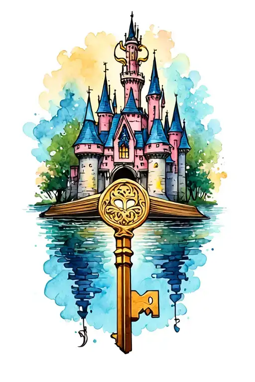key , Disney, castle, storybook, watercolor style tattoo, hip coverup tattoo design idea