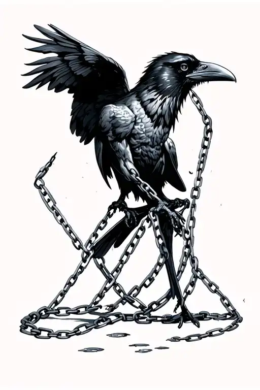 raven with chained legs breaking free from chains tattoo design idea