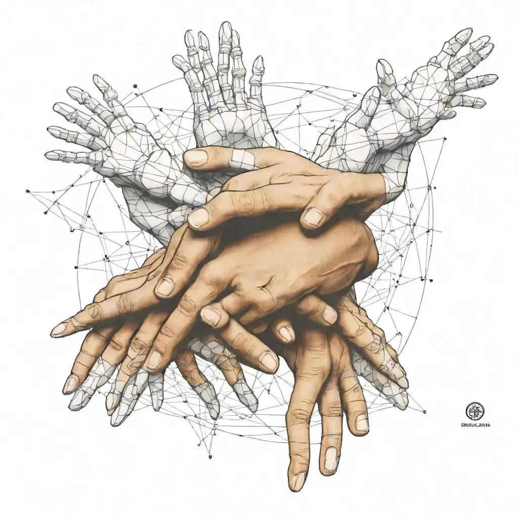 Design a detailed hand tattoo inspired by Michelangelo's 'Creation of Adam.' The tattoo features two hands reaching toward each other, with one hand being skeletal and the other a realistic human hand. The composition includes geometric elements such as lines and dots that intersect the hands, creating a modern, abstract feel. Circular shapes and radial lines emanate from the central point where the fingers almost touch, adding depth and dimension to the design. The overall style is a blend of classic art and modern minimalism, using fine black ink lines with detailed shading. tattoo design idea