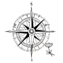 simple compass cross with arrow pointing North with small lotus flower in bottom right hand corner tattoo design idea