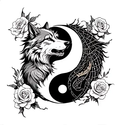 wolf with roses  and dragon with bard wire yin yang  tattoo design idea