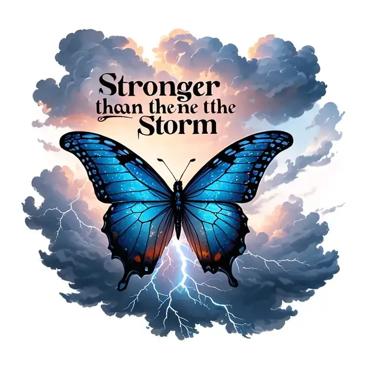 "Stronger than the storm" "Stronger than the storm"  Stronger than the storm" butterfly emerging from storm clouds forming the shape lightening tattoo design idea