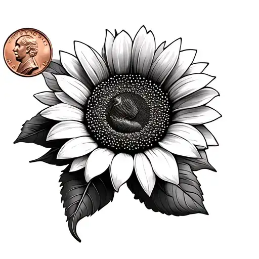  Australian Penny from 2023 as a tattoo black in 3d drawing with a sunflower incorporated next to it tattoo design idea