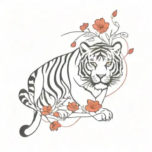 black full tiger body, red flowers around it tattoo design idea