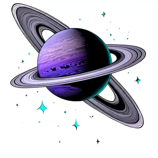 SATURN PLANET WHAT IS ACUTELA style in violet and turquoise colors tattoo design idea