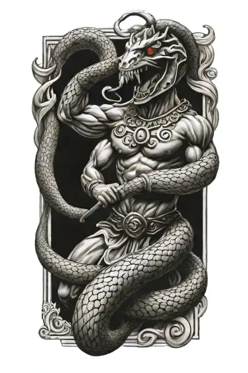 greek warrior fighting snake tattoo design idea