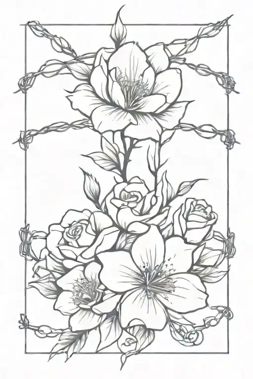 Bouquet of flowers wrapped in barbed wire tattoo design idea