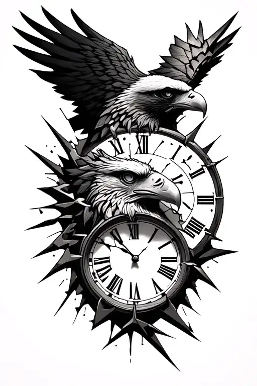 eagle head with broken Roman numeral clock behind the eagle  tattoo design idea