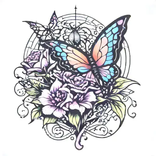 Neon butterfly, violet flower, 1992 Incorporate elements tattoo design idea