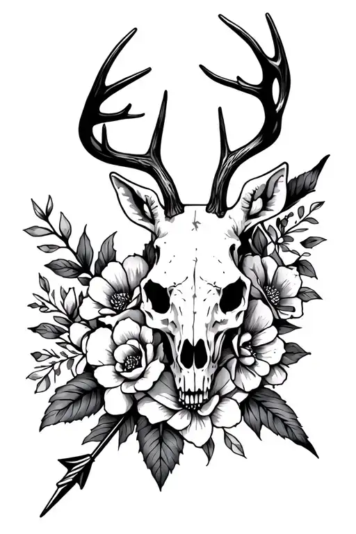 Deer skull arrow piercing flowers intertwined tattoo design idea