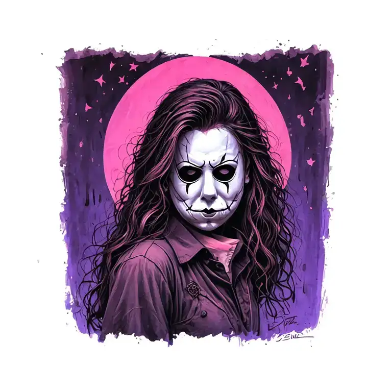 small feminine Michael Myers Halloween tattoo with some pink and purple tattoo design idea
