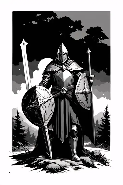 Templar knight with sword and shield in the wilderness tattoo design idea
