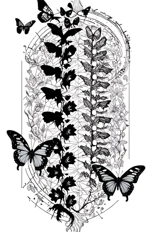 Geographic black and white tattoo to go on spine. Family tree, butterflies. Gothic style creepy tattoo design idea