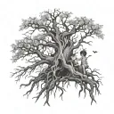 Scary Tree, roots, and children hanging tattoo design idea