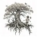 Scary Tree, roots, and children hanging tattoo design idea