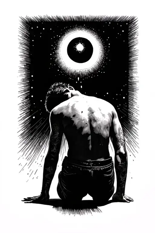 A man on his knees back facing towards you, looking up at a black hole with a star in the middle. tattoo design idea