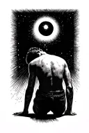 A man on his knees back facing towards you, looking up at a black hole with a star in the middle. tattoo design idea