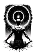 A man on his knees back facing towards you, looking up at a black hole with a star in the middle. tattoo design idea