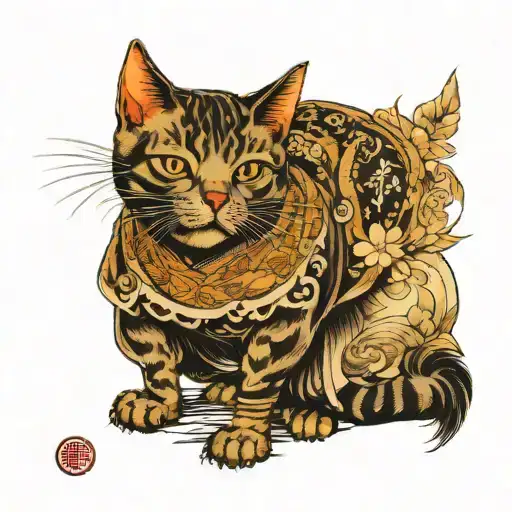 tattooed cat that is a Jedi knight  old school Japanese painting  tattoo design idea