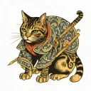 tattooed cat that is a Jedi knight  old school Japanese painting  tattoo design idea