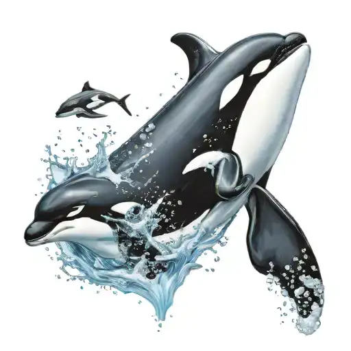 mother orca jumping from water while baby orca watches tattoo design idea