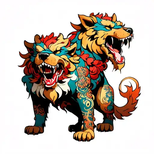 cerberus tattoo, full body, going down from right to left, in tradtional style tattoo design idea